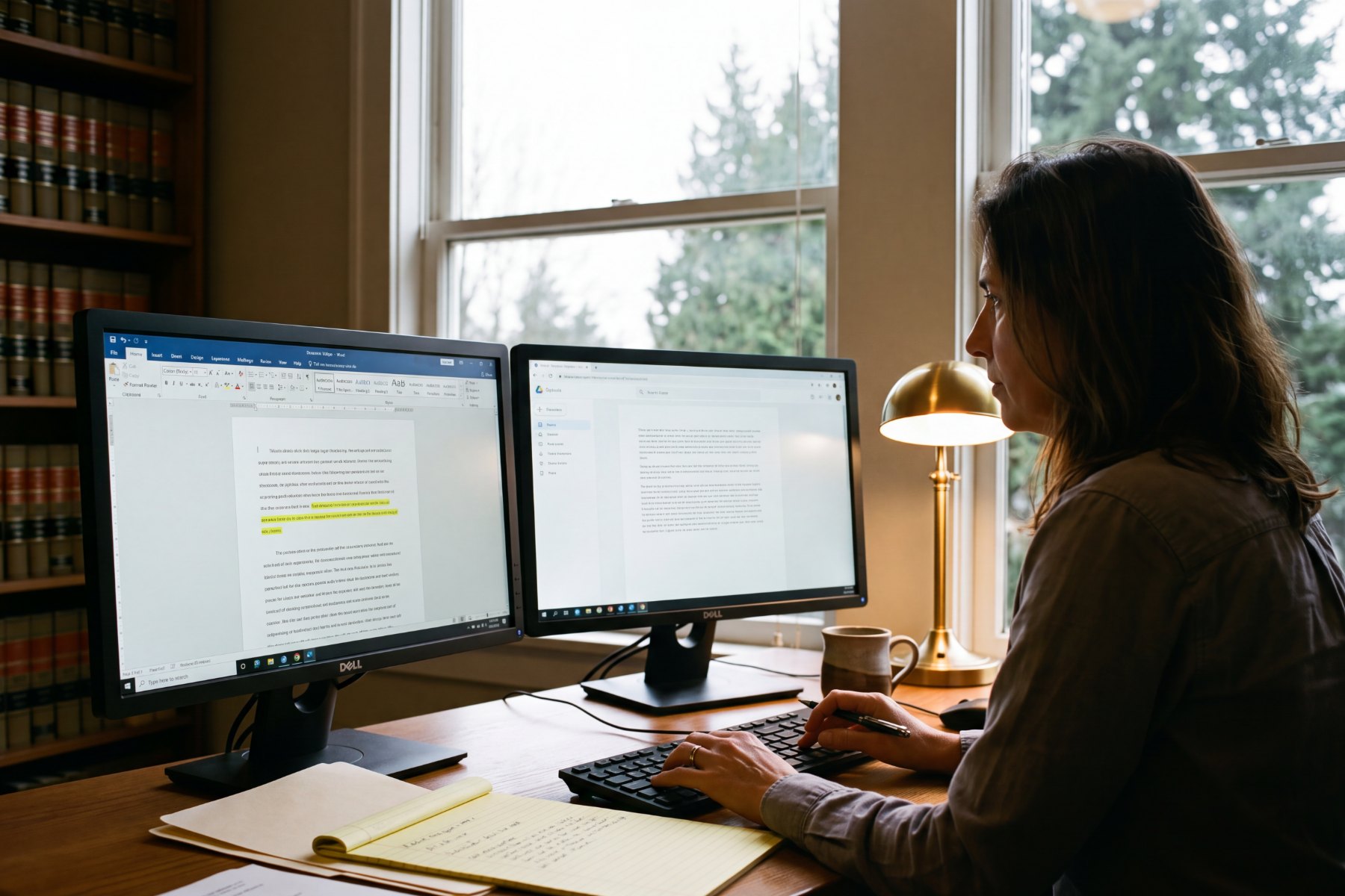 A person drafting a document at a desk with two monitors, shelves of bound case reporters behind them