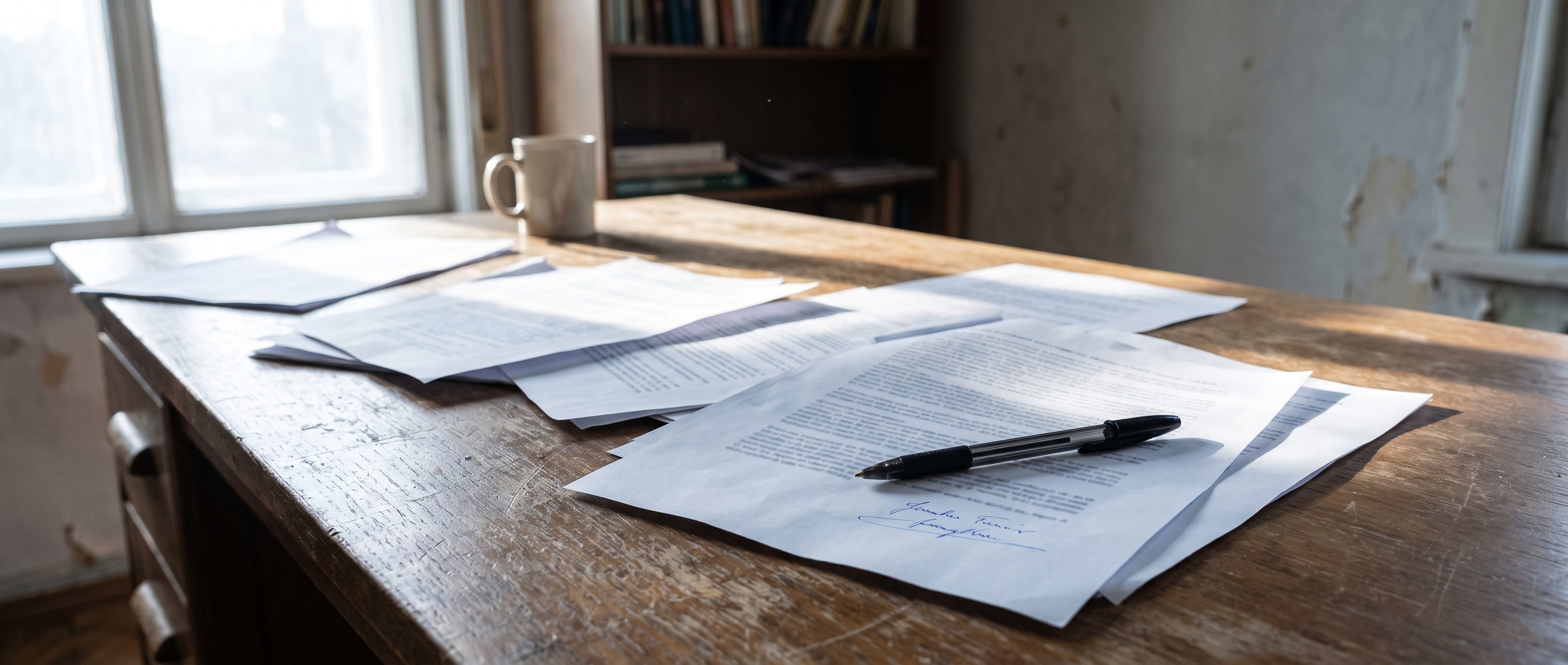 Loose printed pages fanned across a wooden desk in morning light, the top one signed in blue ink, with a black pen resting on it
