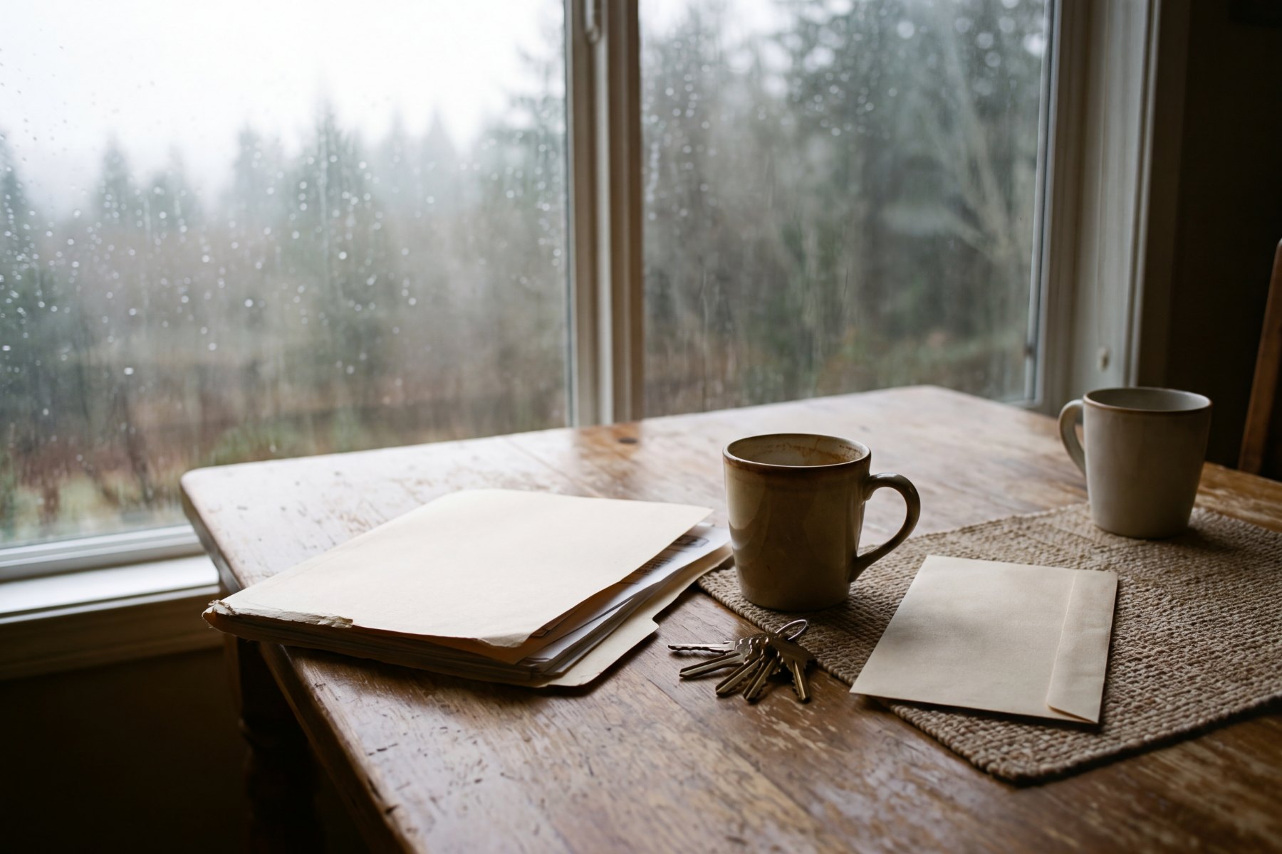 A worn folder of papers, house keys and two mugs on a kitchen table beside a rain-streaked window
