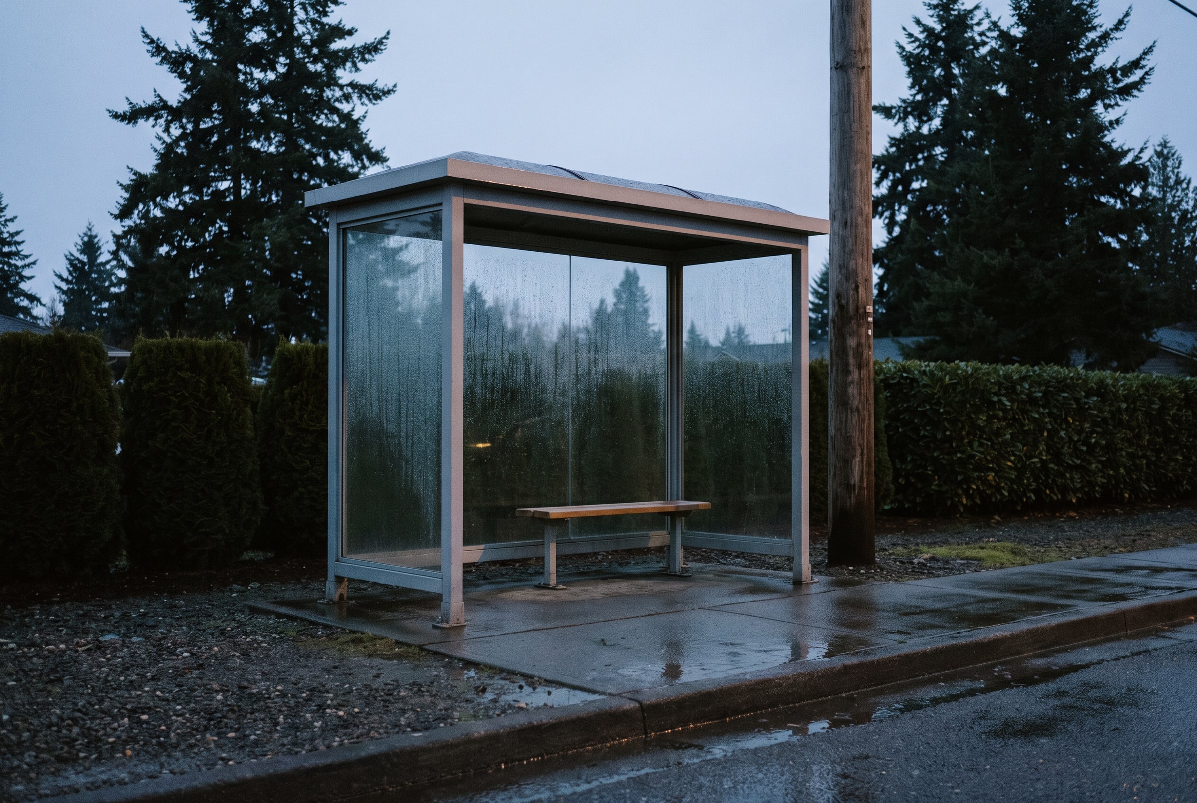 An empty roadside bus shelter at dusk, rain beaded on its glass, wet pavement in front of it