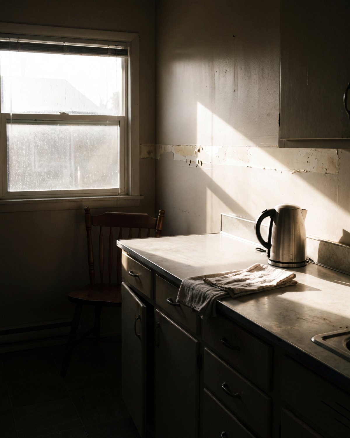 Late afternoon light falling across an empty kitchen counter, with a kettle and a folded towel
