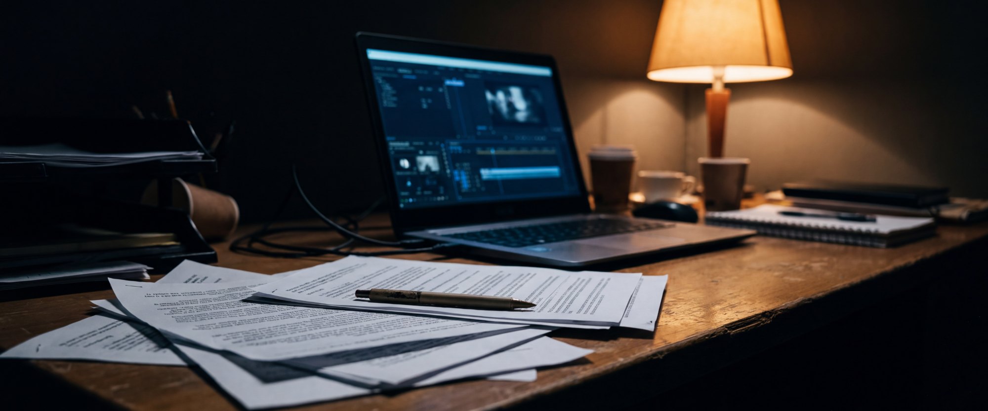 Printed documents and a pen on a desk at night, beside a laptop showing video footage on an editing timeline