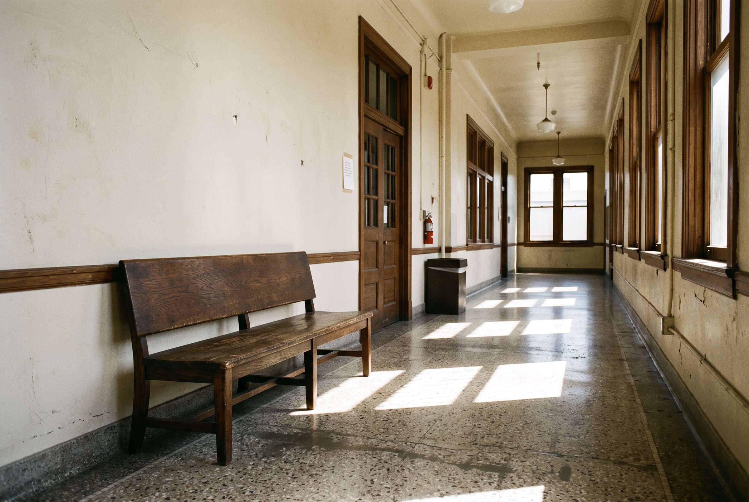 An empty wooden bench in a courthouse corridor, with midday sun falling in bright rectangles across the floor from tall windows