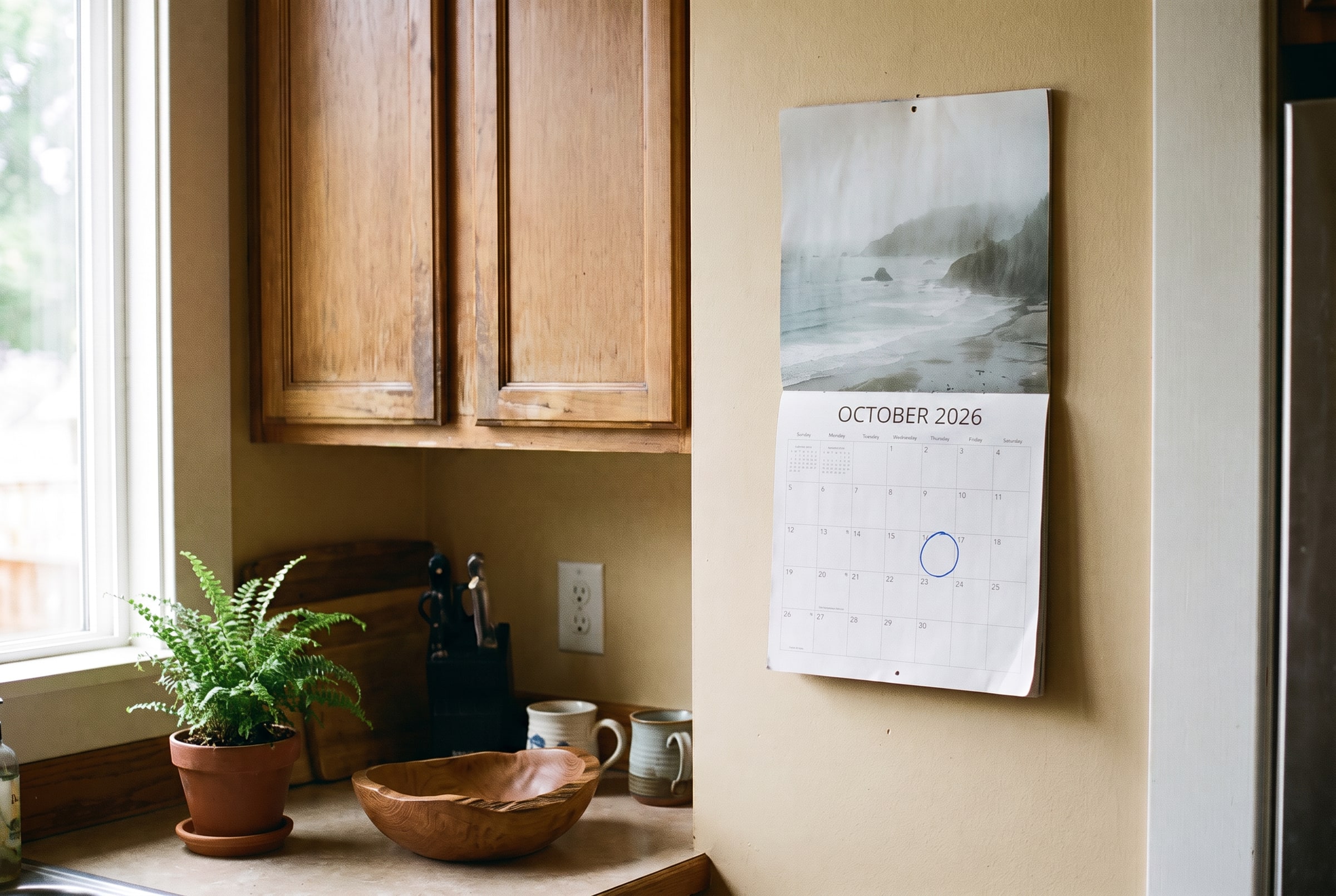 A wall calendar in a kitchen with one date circled in blue pen, beside wooden cabinets and a potted plant